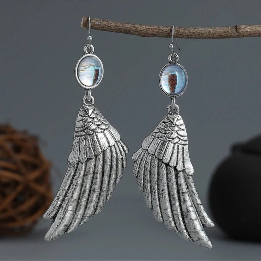 Silver Wing Earrings with Blue Accents - Picture 2 of 7